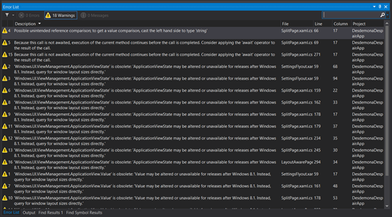 Screenshot of the Visual Studio 2013 Error List window showing warnings when targeting a Windows 8 app to Windows 8.1. Graphic: Jim Galasyn